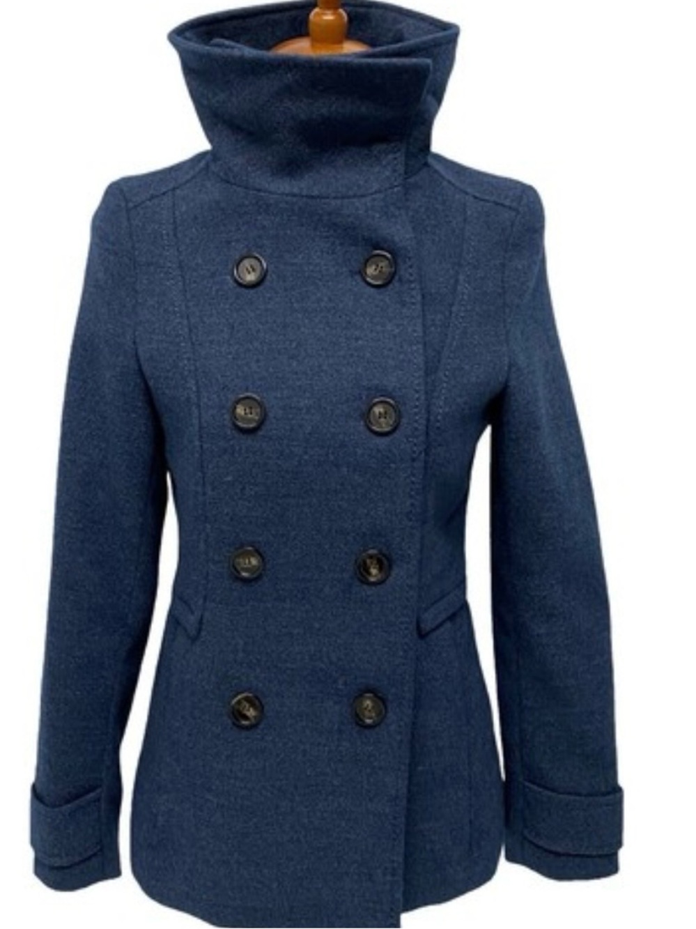 H&M Classic Double-Breasted Navy Wool Peacoat with Funnel Collar